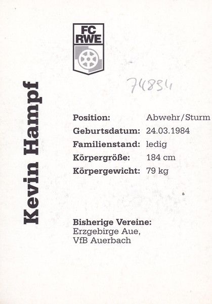 Autogramm Fussball | FC Rot-Weiss Erfurt | 2007 | Kevin HAMPF