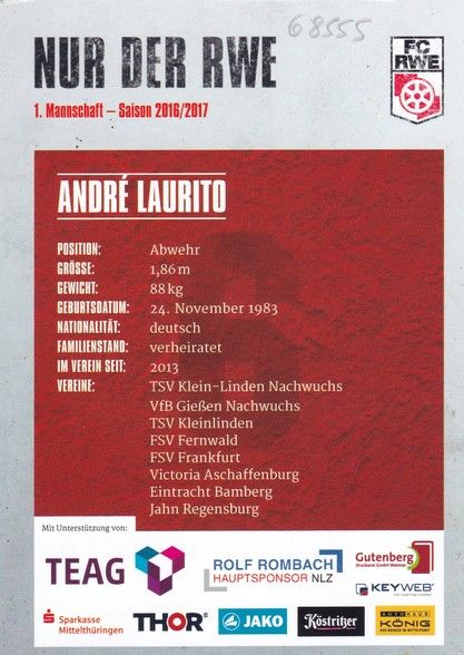 Autogramm Fussball | FC Rot-Weiss Erfurt | 2016 | Andre LAURITO