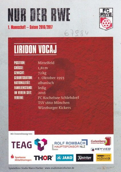 Autogramm Fussball | FC Rot-Weiss Erfurt | 2016 | Liridon VOCAJ