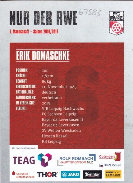Autogramm Fussball | FC Rot-Weiss Erfurt | 2016 | Erik DOMASCHKE