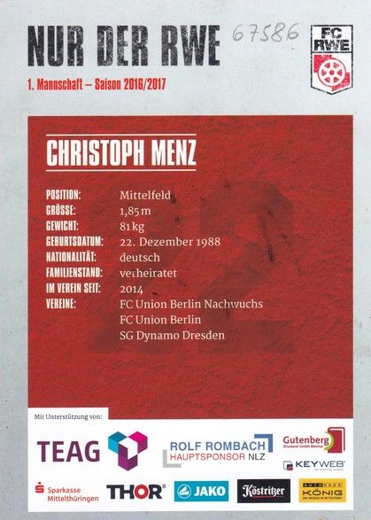 Autogramm Fussball | FC Rot-Weiss Erfurt | 2016 | Christoph MENZ