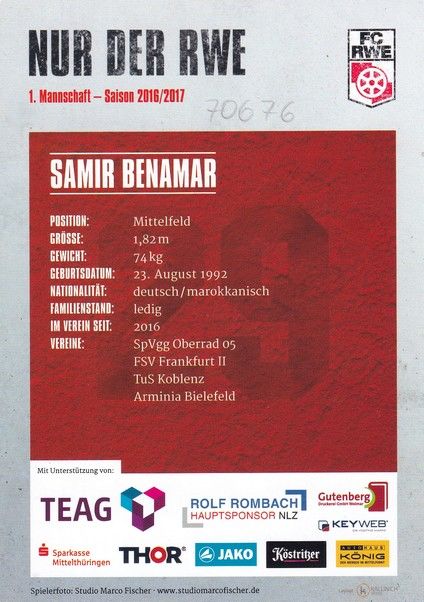 Autogramm Fussball | FC Rot-Weiss Erfurt | 2016 | Samir BENAMAR
