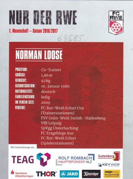 Autogramm Fussball | FC Rot-Weiss Erfurt | 2016 | Norman LOOSE