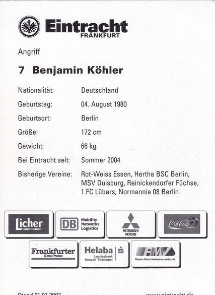 Autogramm Fussball | Eintracht Frankfurt | 2007 | Benjamin KÖHLER