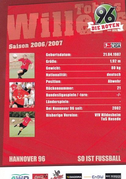 Autogramm Fussball | Hannover 96 | 2006 | Tobias WILLERS