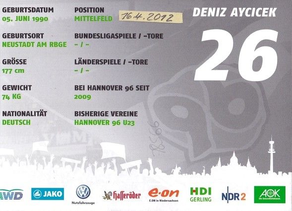 Autogramm Fussball | Hannover 96 | 2011 | Deniz AYCICEK