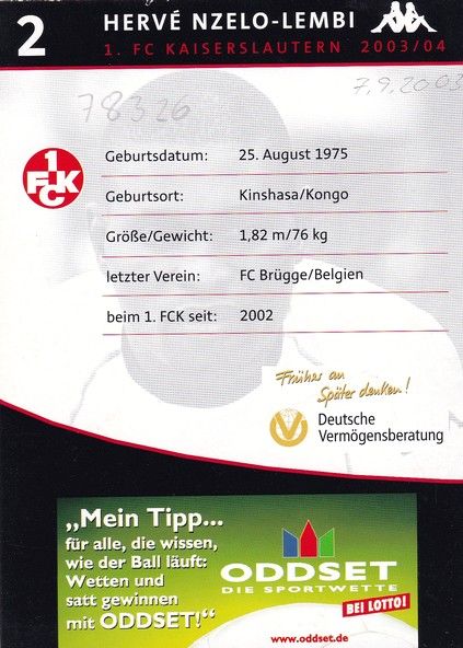 Autogramm Fussball | 1. FC Kaiserslautern | 2003 | Herve NZELO-LEMBI