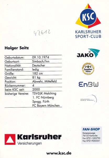 Autogramm Fussball | Karlsruher SC | 2001 | Holger SEITZ