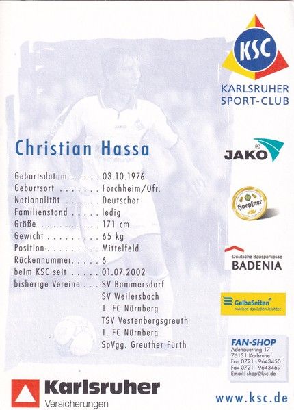 Autogramm Fussball | Karlsruher SC | 2003 | Christian HASSA
