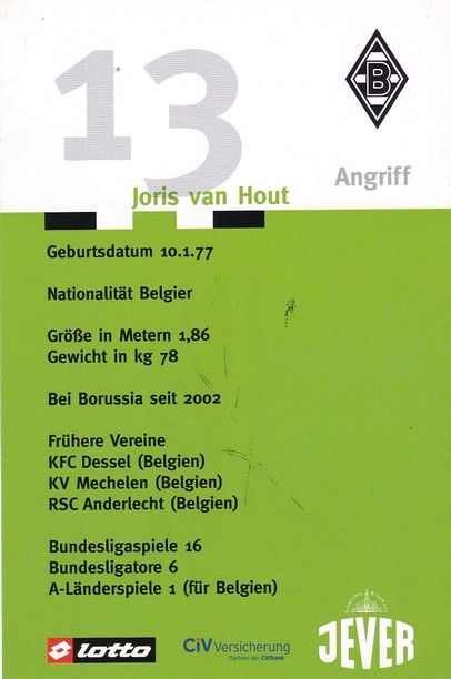 Autogramm Fussball | Borussia Mönchengladbach | 2003 | Joris VAN HOUT