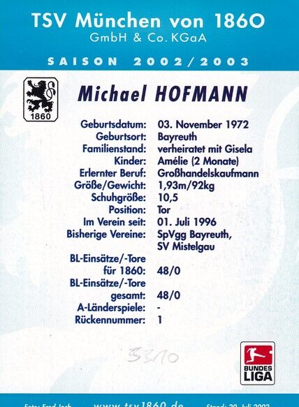 Autogramm Fussball | TSV 1860 München | 2002 | Michael HOFMANN