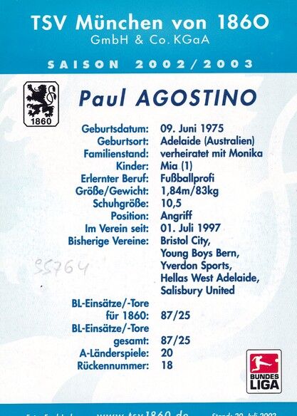 Autogramm Fussball | TSV 1860 München | 2002 | Paul AGOSTINO