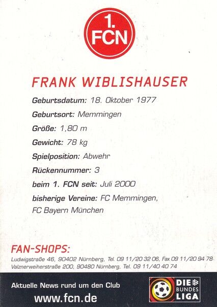 Autogramm Fussball | 1. FC Nürnberg | 2001 | Frank WIBLISHAUSER