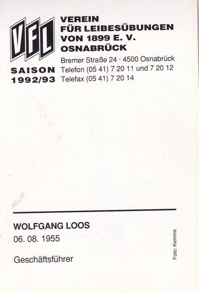 Autogramm Fussball | VfL Osnabrück | 1992 | Wolfgang LOOS