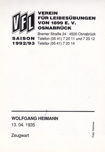 Autogramm Fussball | VfL Osnabrück | 1992 | Wolfgang HEIMANN