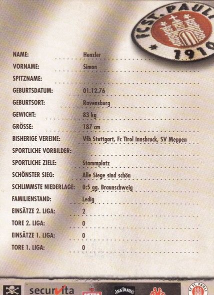 Autogramm Fussball | FC St. Pauli | 2001 | Simon HENZLER