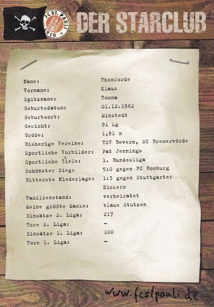 Autogramm Fussball | FC St. Pauli | 1999 | Klaus THOMFORDE