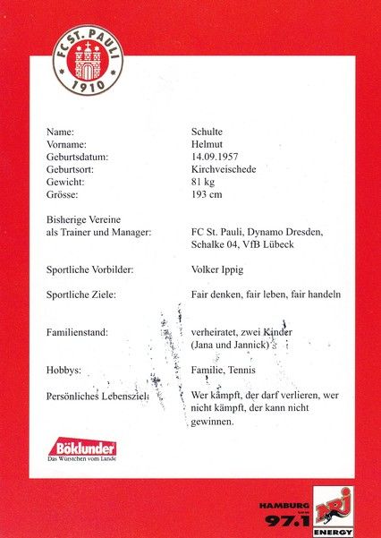 Autogramm Fussball | FC St. Pauli | 1997 | Helmut SCHULTE