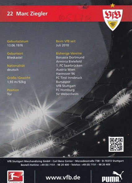 Autogramm Fussball | VfB Stuttgart | 2012 | Marc ZIEGLER