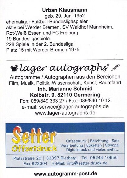 Autogramm Fussball | SV Werder Bremen | 1974 Retro | Urban KLAUSMANN