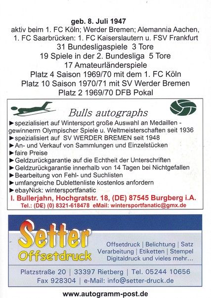 Autogramm Fussball | SV Werder Bremen | 1970 Retro | Werner THELEN