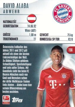 Sticker Fussball | FC Bayern München | 2014 Topps | David ALABA (Nr. 156)