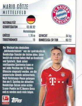Sticker Fussball | FC Bayern München | 2014 Topps | Mario GÖTZE (Nr. 162)