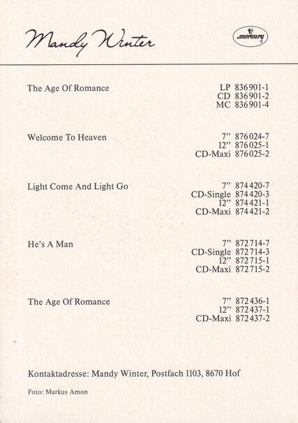 Autogramm Pop | Mandy WINTER | 1989 "The Age Of Romance" (Mercury)