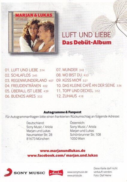 Autogramme Schlager | MARJAN + LUKAS | 2012 "Luft Und Liebe" (Sony)