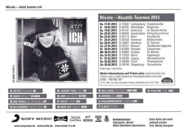 Autogramm Schlager | NICOLE | 2012 "Jetzt Komm Ich" TOUR (Portrait Color Sony)