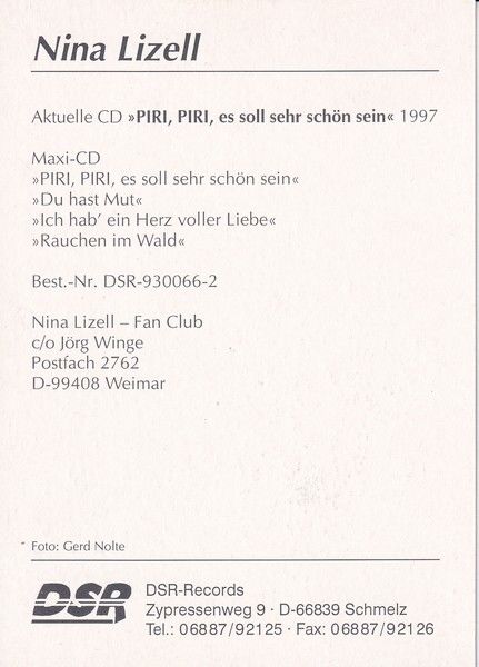 Autogramm Schlager | Nina LIZELL | 1997 "Piri Piri" (DSR)