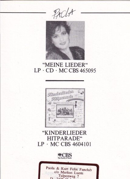 Autogramm Schlager | PAOLA | 1989 "Meine Lieder" (CBS) SW