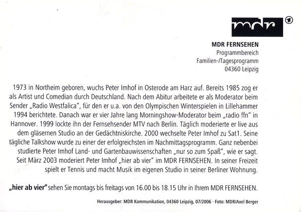 Autogramm TV | MDR | Peter IMHOF | 2006 "Hier Ab Vier" (Berger)