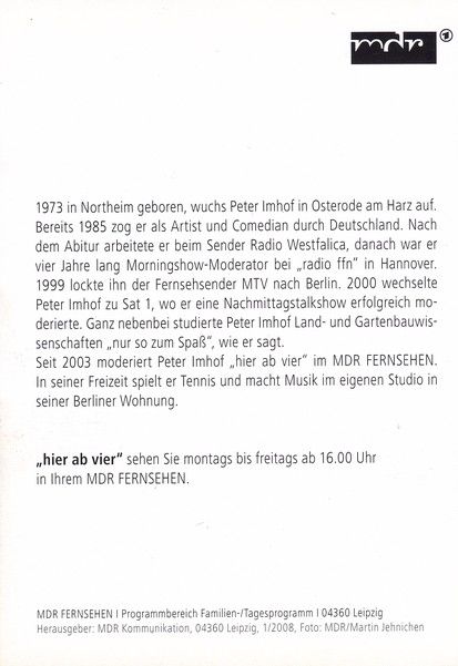 Autogramm TV | MDR | Peter IMHOF | 2008 "Hier Ab Vier" (Jehnichen)