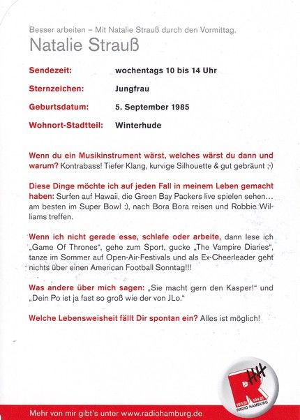 Autogramm Radio | Hamburg | Natalie STRAUSS | 2010er (Portrait Color)