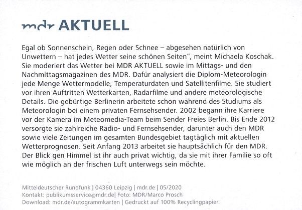 Autogramm TV | MDR | Michaela KOSCHAK | 2020 "MDR Aktuell" (Prosch)