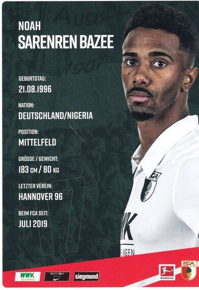 Autogramm Fussball | FC Augsburg | 2020 | Noah SARENREN BAZEE
