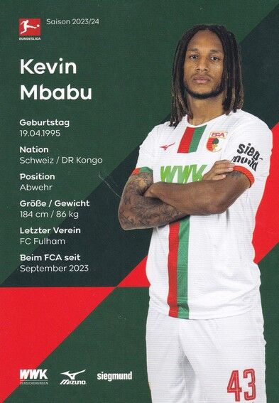 Autogramm Fussball | FC Augsburg | 2023 | Kevin MBABU