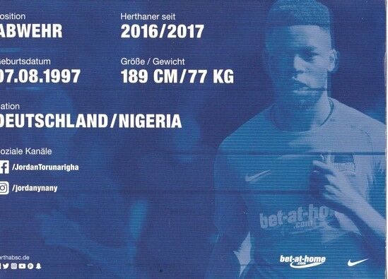 Autogramm Fussball | Hertha BSC Berlin | 2017 | Jordan TORUNARIGHA