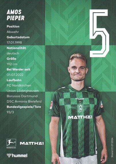 Autogramm Fussball | SV Werder Bremen | 2024 | Amos PIEPER