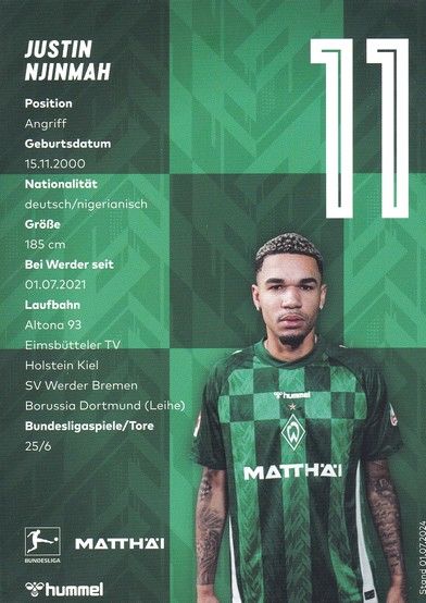 Autogramm Fussball | SV Werder Bremen | 2024 | Justin NJINMAH