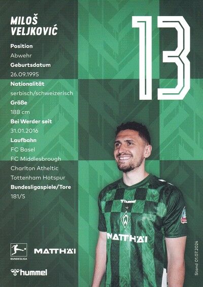Autogramm Fussball | SV Werder Bremen | 2024 | Milos VELJKOVIC