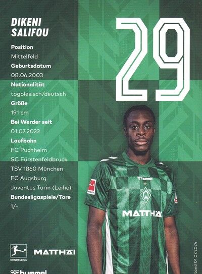 Autogramm Fussball | SV Werder Bremen | 2024 | Dikeni SALIFOU