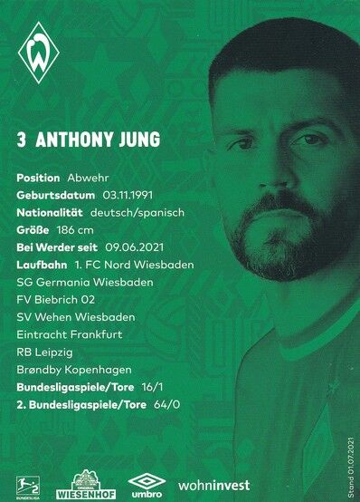 Autogramm Fussball | SV Werder Bremen | 2021 | Anthony JUNG