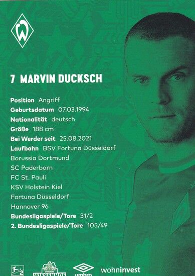 Autogramm Fussball | SV Werder Bremen | 2021 | Marvin DUCKSCH