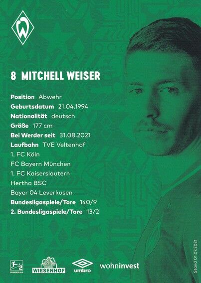 Autogramm Fussball | SV Werder Bremen | 2021 | Mitchell WEISER