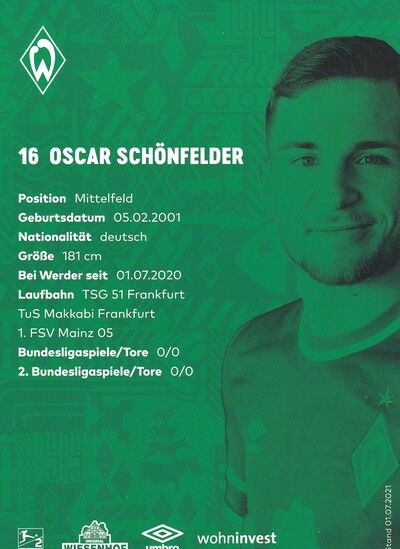 Autogramm Fussball | SV Werder Bremen | 2021 | Oscar SCHÖNFELDER
