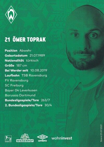 Autogramm Fussball | SV Werder Bremen | 2021 | Ömer TOPRAK