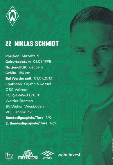 Autogramm Fussball | SV Werder Bremen | 2021 | Niklas SCHMIDT