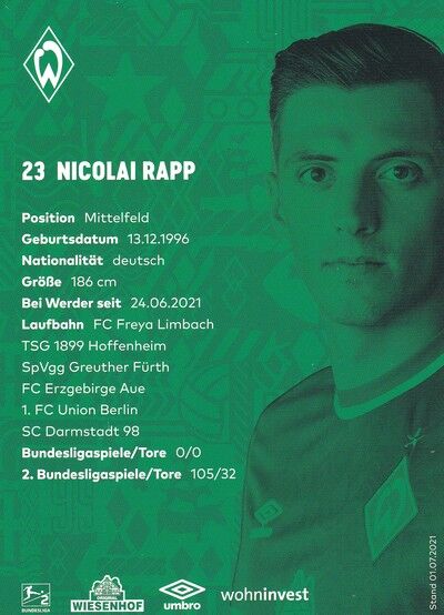 Autogramm Fussball | SV Werder Bremen | 2021 | Nicolai RAPP